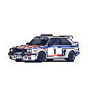 This pixel art side view showcases a white rally car with vibrant red, blue, and black stripes, number "1" on the side. The retro design and rally-style details evoke a sense of speed and classic motorsport excitement.
