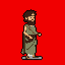 A pixel art wanderer with a full beard and simple tunic stands in profile against a striking red backdrop. The stoic figure, rendered in earthy tones, evokes a sense of timelessness and quiet intensity.