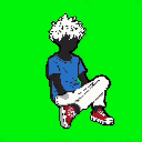 This pixel art image features a casually dressed, silhouetted figure in a blue shirt, white pants, and red sneakers, seated with their head bowed against a vibrant green backdrop, creating an introspective mood.