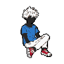 This pixel art image shows a silhouetted figure with bright hair and clothing, sitting casually and looking down, hinting at introspection or focused attention. The vibrant colors of the figure pop against the muted background, creating a mix of relaxation and mystery.