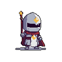 A pixel art knight or magical warrior stands ready, holding a glowing staff and adorned with a flowing red scarf, exuding quiet strength. The character's muted color palette and detailed design hint at a powerful purpose.