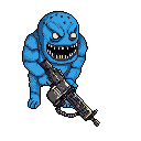 A menacing blue monster, textured with pits, wields a large machine gun in this stark pixel art image. The creature's yellow eyes and jagged teeth amplify the sense of danger, creating a threatening presence.