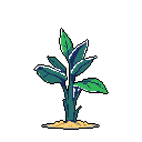 This pixel art showcases a vibrant sapling with stylized leaves, rooted in a small patch of earth. Bright highlights on the foliage create a striking contrast against the otherwise darker tones, emphasizing growth and a sense of natural beauty.