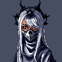 This pixel art portrait features a mysterious, masked figure with striking white hair and a skull-like mask, their intense gaze hinting at a powerful and ominous presence. Adorned with a dark, horned headdress, the character commands attention with their cool, monochromatic color scheme punctuated by warm, brown eyes.