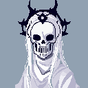 A mysterious, skull-masked figure in flowing white robes and a jagged crown stares forward, exuding an aura of death and the supernatural. The pixelated portrait, set against a flat background, evokes a retro, foreboding aesthetic.