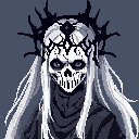 A mysterious figure with flowing white hair and a skull mask commands attention, crowned with thorny spikes and radiating an aura of otherworldly power against a stark grey backdrop. The monochromatic palette amplifies the character's somber and ominous presence, hinting at a dark and macabre fantasy.