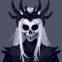 A striking pixel art portrait features a skull-faced figure with long white hair and a spiky crown, exuding a gothic and ominous aura. The monochromatic color scheme emphasizes the figure's stark features and powerful stillness.