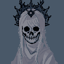 A skeletal figure with flowing hair and a dark crown grins eerily in this stark pixel art portrait. The monochromatic palette and empty eyes create a haunting and unsettling image.