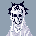A crowned skeletal figure with flowing white hair/drapery stares forward, exuding an aura of regal decay and mystery. This pixel art portrait features a monochromatic palette with cool tones, emphasizing the subject's eerie and ominous presence.