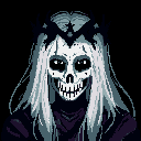 A chilling pixel art portrait features a skeletal figure with flowing hair and a spiked crown, staring intensely with hollow eyes and a wide grin. The dark robe and stark color palette against a black void amplify the ominous and unsettling presence.