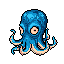 This pixel art features a stylized, wide-eyed octopus rendered in shades of blue and peachy pink. Its eight tentacles curl around its bulbous body, creating a slightly eerie yet captivating digital creature.