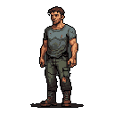 This pixel art image portrays a rugged, weary survivor in worn clothing, his determined expression hinting at a life of hardship. The detailed character design, from his stained shirt to scuffed boots, tells a story of resilience.