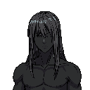 This pixel art image features a darkly silhouetted male character with a neutral expression, rendered in muted grey tones against a stark black background. The retro style and shadowy lighting create a mysterious and intense portrait.