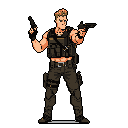 A muscular action hero, rendered in pixel art, takes center stage with dual handguns, ready for a fight. His determined expression and dynamic pose convey intense energy and imminent action. The muted color palette and tactical gear further emphasize the character's military or combat-focused nature.