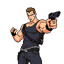 A pixel art character stands ready for action, handgun drawn and a determined expression on his face. The gritty, muted color palette and assertive pose evoke classic action game aesthetics. He's clearly prepared for an imminent confrontation.