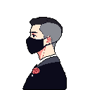 A pixel art portrait shows a masked figure in a dark suit with a red flower, their face partially hidden and hinting at mystery or melancholy. The stark black background emphasizes the character's somber appearance.