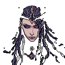 This pixel art portrait captures a formidable woman with an intense gaze and elaborate headpiece, radiating a dark, regal power. Her somber expression and gothic color palette hint at a mysterious and potentially villainous character.