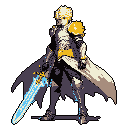 A pixel art warrior stands ready, clad in detailed armor with a striking golden shoulder pad and gripping a glowing, magical sword. The hero exudes stoic power and potential, hinting at a grand fantasy adventure ahead.