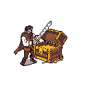 A pixel art hero with a silver sword cautiously peers into a treasure chest overflowing with gold, set against a stark black void. The scene evokes a sense of adventure and discovery.