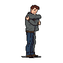This pixel art portrays a young man in a grey hoodie and jeans, hunched over with his arms crossed in a gesture of sadness or vulnerability, possibly with a tear on his cheek. The figure's posture and expression against the stark black background create a feeling of isolation and quiet emotional struggle.