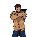 A pixel art man intensely aims a handgun directly at the viewer, his furrowed brow and rigid posture conveying a sense of tension and readiness. Dressed in a button-up shirt and dark trousers, he occupies the frame with a focused determination.