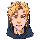 This pixel art portrait captures a serene young man with golden hair and a blue hooded sweatshirt. The detailed rendering and subtle shading lend a modern polish to the retro style, creating a captivating character study.