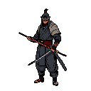 A pixelated ronin stands ready, masked and wielding dual swords with vibrant red and orange accents. The warrior's stoic pose and dark attire evoke a sense of ancient martial prowess.