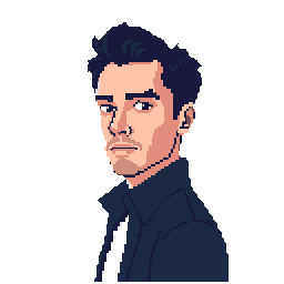 This pixel art portrait captures a contemplative man in a blue jacket, his direct gaze and subtle smirk hinting at a serious yet approachable demeanor. The muted color palette and contrasting tones create a striking and engaging image.