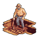 A pixel art archaeologist stands in an excavated ruin, shovel in hand, ready to unearth ancient secrets. The earthy tones and focused composition create a sense of historical investigation and rugged exploration.