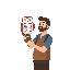 A bearded man in a brown vest gently holds a detailed pixel art owl with striking yellow eyes on his gloved hand. The intimate portrait captures a sense of quiet companionship.