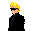 A cool and enigmatic pixel art man in a black suit and sunglasses sports electrifying yellow hair. His shadowy appearance and subtle mustache evoke a sense of mystery and noir.
