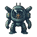 This pixel art showcases a formidable combat mech, its cool-toned armor accented with wear, standing ready with a visible pilot inside. The image evokes a sense of robust power and battle-hardened readiness.