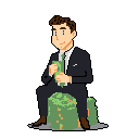 This pixel art depicts a well-dressed man seated on a pile of money, admiring a wad of cash with a contented smile. The image evokes wealth and success, with a hint of self-satisfaction in the character's posture.