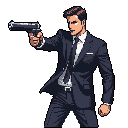 A tense pixel art man in a dark suit holds a silver handgun, his serious expression suggesting a scene from an action movie. He's poised for action against a stark black backdrop.