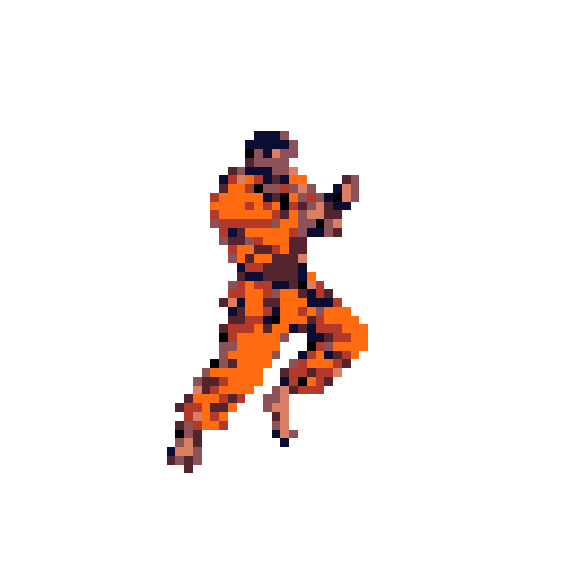 This pixel art image features a fighter in an orange and brown outfit, captured mid-leap with fists raised, ready for action. The character's dynamic pose and classic fighting game aesthetic create a sense of energetic anticipation.