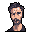 A somber pixel art portrait captures a hardened man with dark hair and a prominent scar, his intense gaze conveying a sense of gravitas.