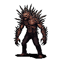 This pixel art showcases a horrifying zombie-like figure with skeletal features and jagged spikes, radiating an aura of decay and menace. Its tattered clothing and gaunt physique further emphasize the creature's disturbing and unnatural presence.