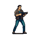 A pixel art character stands ready for action, gripping a shotgun in a tense stance. Dressed in jeans, a t-shirt, and a worn jacket, he embodies a gritty, prepared vibe reminiscent of a classic action game.