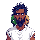 This pixel art features a dark-skinned man with a striking blue-purple beard and unsettling white eyes, flanked by two partially obscured figures with similar facial hair. The minimalist style and stark contrast create a mysterious and slightly ominous portrait.