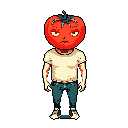 A pixel art image shows a humanoid figure with a tomato for a head, sporting a bored expression. Dressed in casual clothes, this unique character presents a humorous yet slightly melancholic vibe.