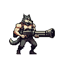 A pixel art wolf warrior stands ready for action, confidently wielding a massive, cylinder-shaped weapon. The character's tactical gear and neutral expression create a serious and capable vibe.