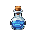 A pixel art potion bottle, filled with shimmering blue liquid and sealed with a cork, glows with magical energy. This vibrant, nostalgic image evokes classic fantasy games, presenting a simple yet captivating item.