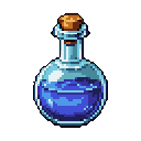 This pixel art image showcases a glass bottle filled with glowing blue liquid, reminiscent of a magical potion from a fantasy game. The detailed rendering captures the bottle's transparency and the liquid's vibrant depth, creating a captivating and mysterious vibe.