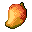 This pixel art piece showcases a vibrant mango slice against a black backdrop, capturing the fruit's warm colors and textured form with simple, nostalgic charm.