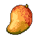 This pixel art image showcases a vibrant, ripe mango in warm tones, its simple form and digital texture creating a nostalgic and striking visual. The isolated fruit pops against a stark black backdrop, highlighting its natural beauty.