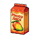 This pixel art depicts a vibrant cartoon of mango juice, showcasing a retro aesthetic with its playful font and detailed fruit illustration. The carton's bright colors and glossy highlights evoke a sense of refreshment and nostalgic charm.