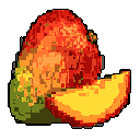 A vibrant pixel art piece showcases a whole mango and a juicy slice, their textured surfaces rendered in rich reds, oranges, and yellows. The simple composition highlights the fruit's natural abundance against a stark black backdrop.