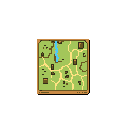 This pixel art map depicts a simplified region with a flowing river and scattered landmarks, reminiscent of classic strategy games. The earthy color palette and abstracted design create a nostalgic and strategic feel.