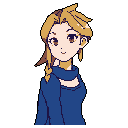This pixel art portrait features a friendly young woman with light brown hair in a braid and a dark blue top, her subtle smile and engaging gaze set against a stark black background. The image evokes a sense of gentle simplicity, typical of a character from a narrative pixel art game.