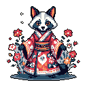 This pixel art features an elegant raccoon in traditional Japanese attire, its red kimono adorned with delicate floral patterns. The charming character exudes serene beauty and cultural appreciation, standing against a simple background that highlights its intricate details.